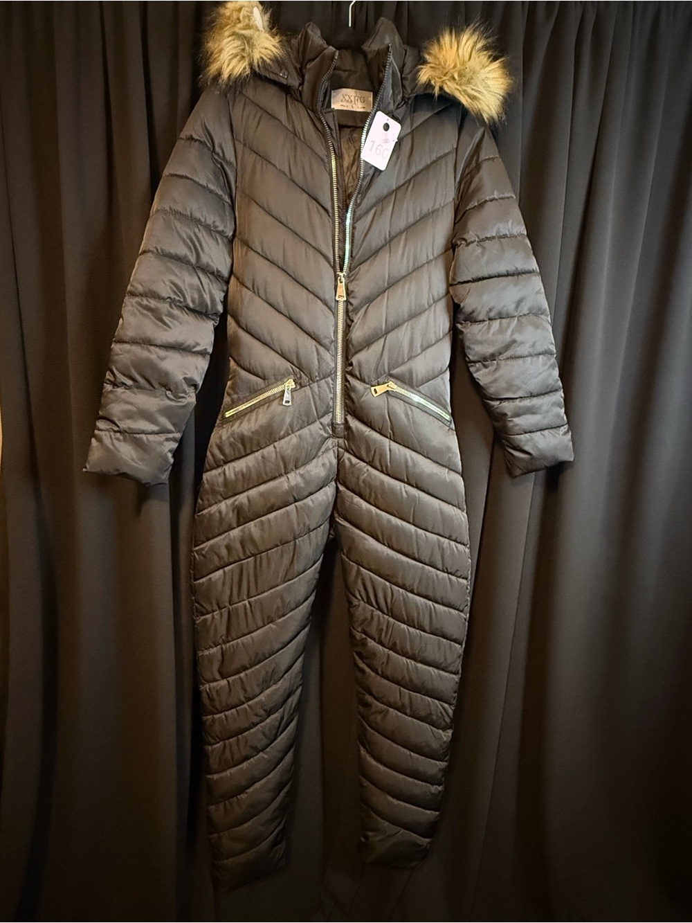 Quilted Black Hooded Ski One-Piece with Faux Fur Trim - Flaws shown in photo